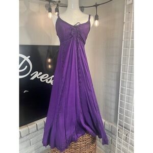 Purple Embroidered Maxi Dress Tie Front Spaghetti Strap Bohemian Festival‎ Small